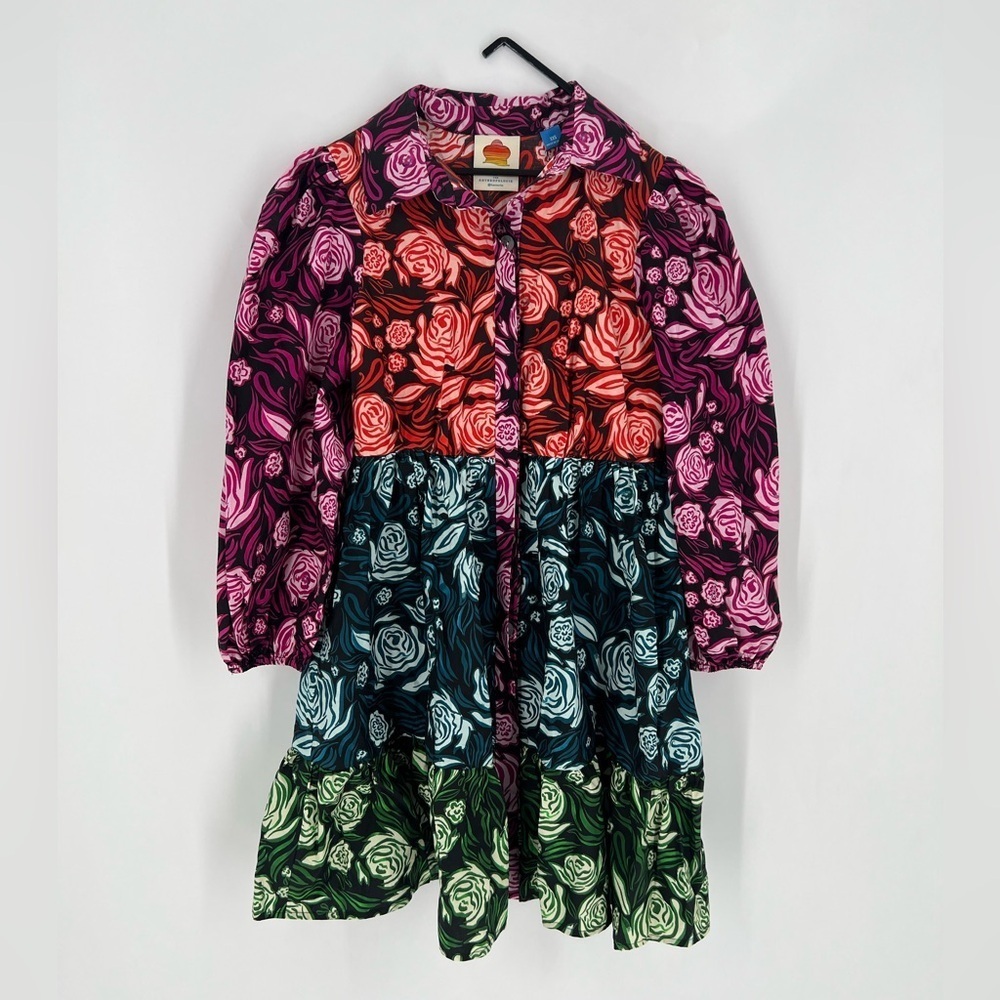 Farm Rio Floral Roses Long Sleeve Tiered Button Front Color-block Mini Dress
